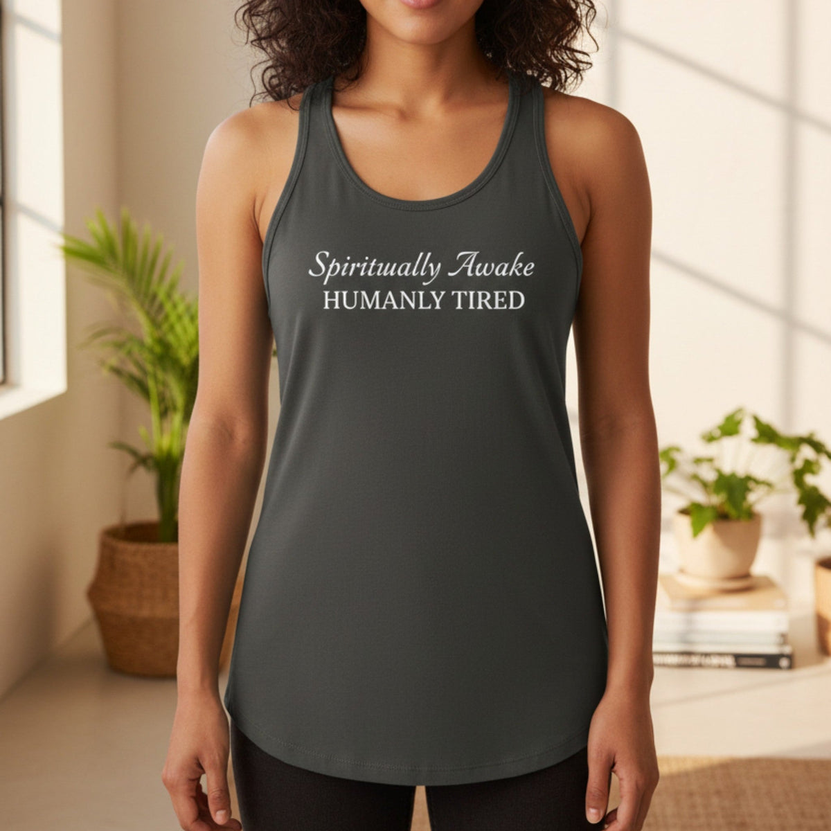 Spiritually Awake Humanly Tired tank top in gray – funny yoga tank for women, spiritual apparel