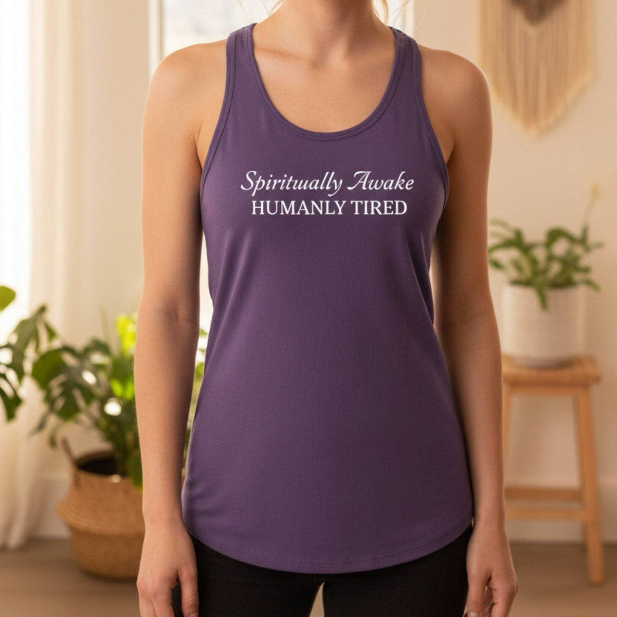 Spiritually Awake Humanly Tired tank top in purple – funny spiritual women's tank, mindfulness gift
