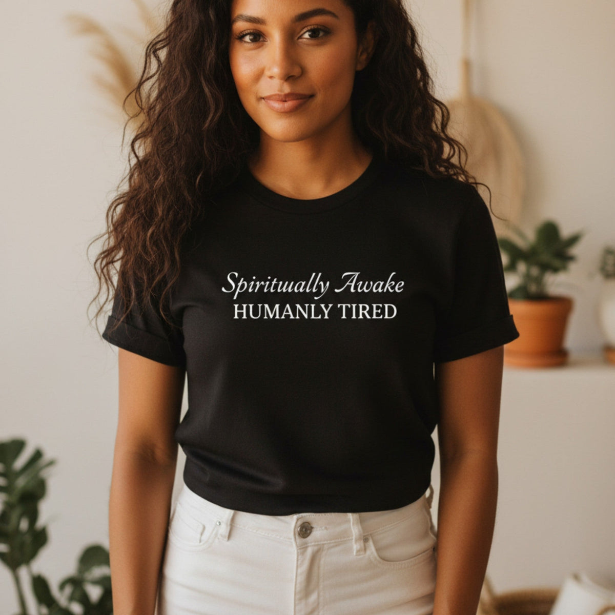 Spiritually Awake Humanly Tired T-Shirt in Black – funny spiritual tee, gift for empaths and yogis