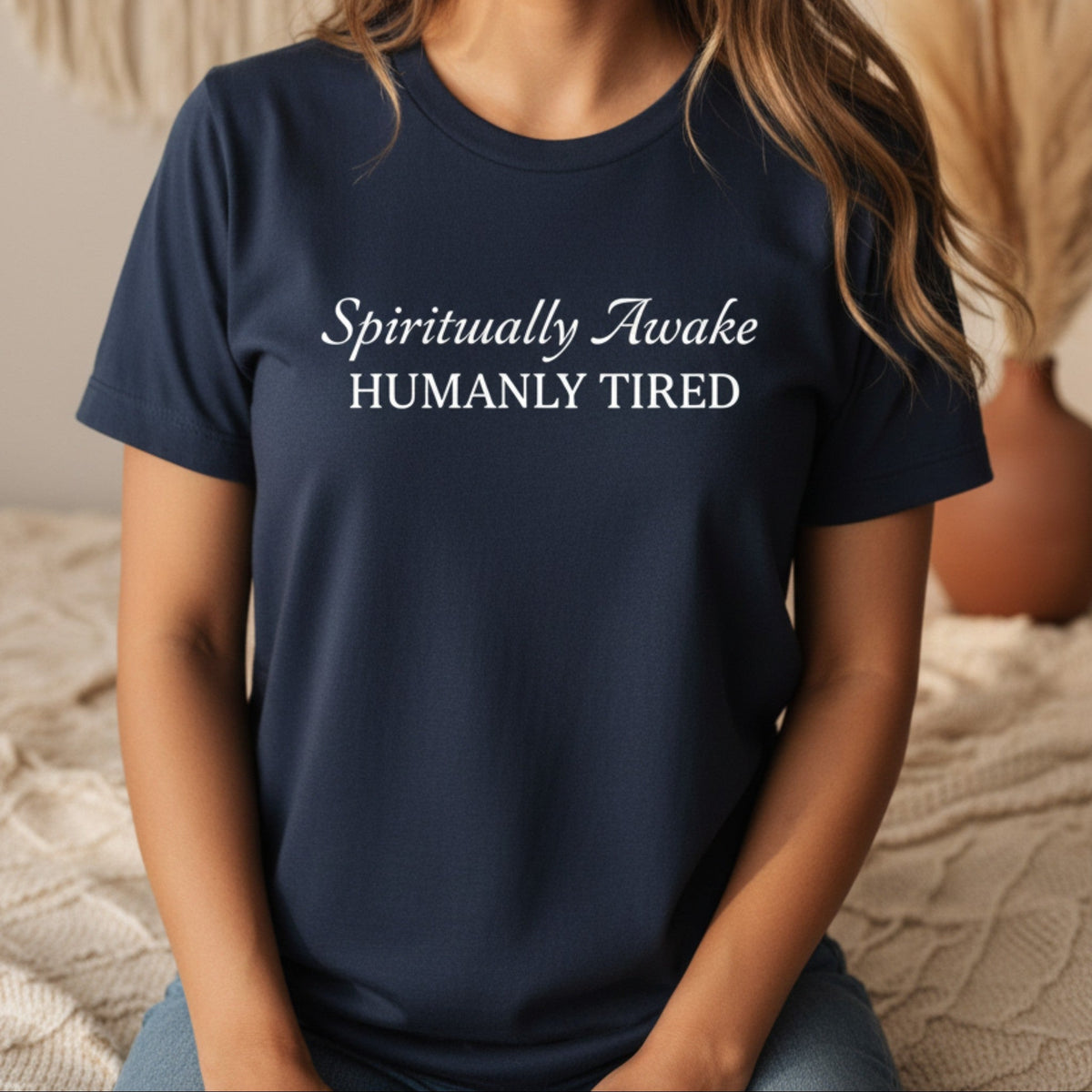 Spiritually Awake Humanly Tired T-Shirt in Navy – funny spiritual gift for women, graphic tee heat-pressed in Canada