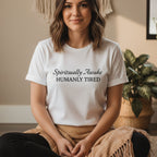 Spiritually Awake Humanly Tired T-Shirt in White – funny spiritual graphic tee, gift for yogis