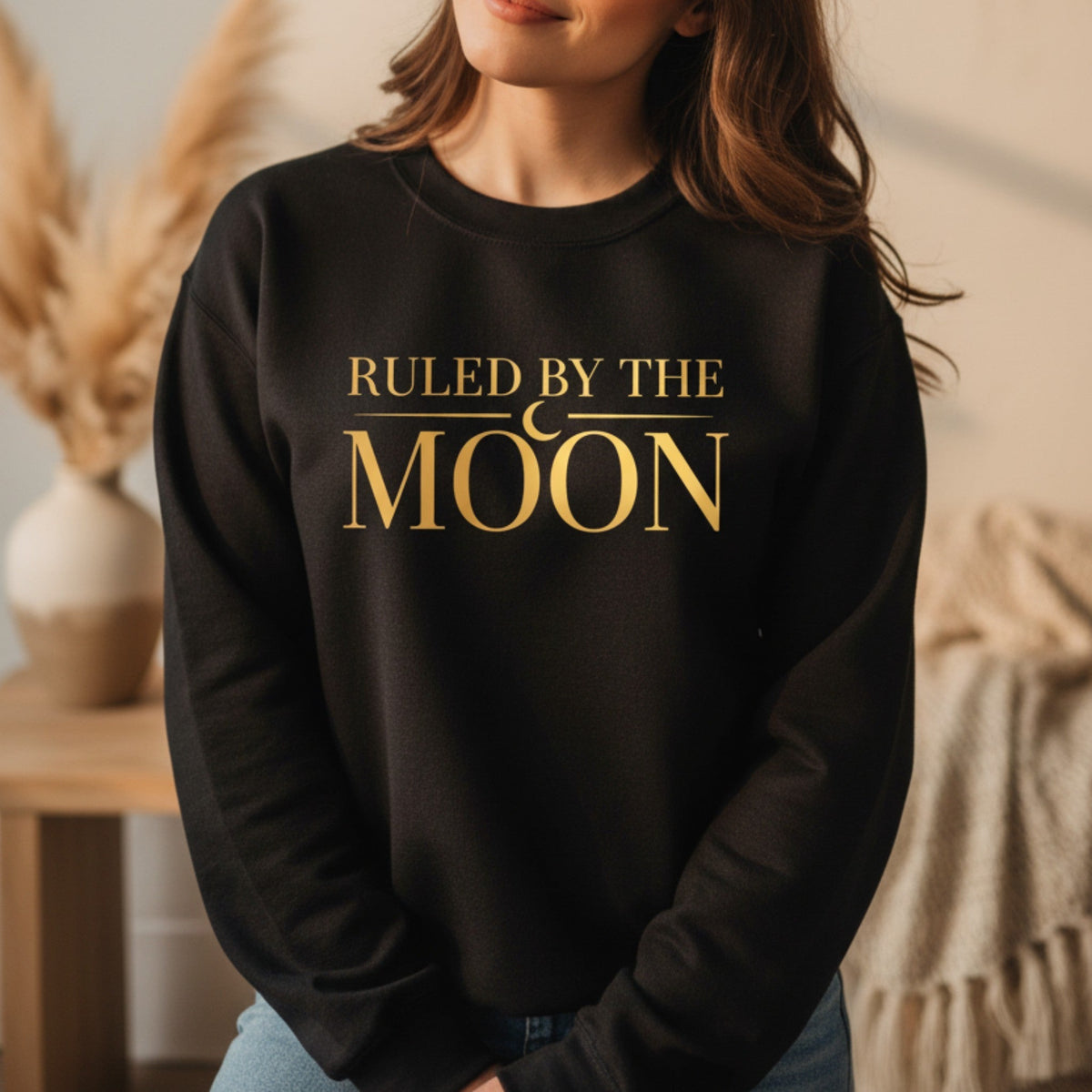 Ruled By The Moon Sweatshirt in Black – moon lover crewneck sweatshirt, celestial spiritual apparel for women