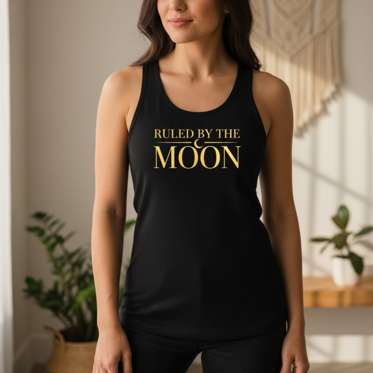 Ruled by the Moon racerback tank top in black – moon phase women's tank, witchy spiritual apparel