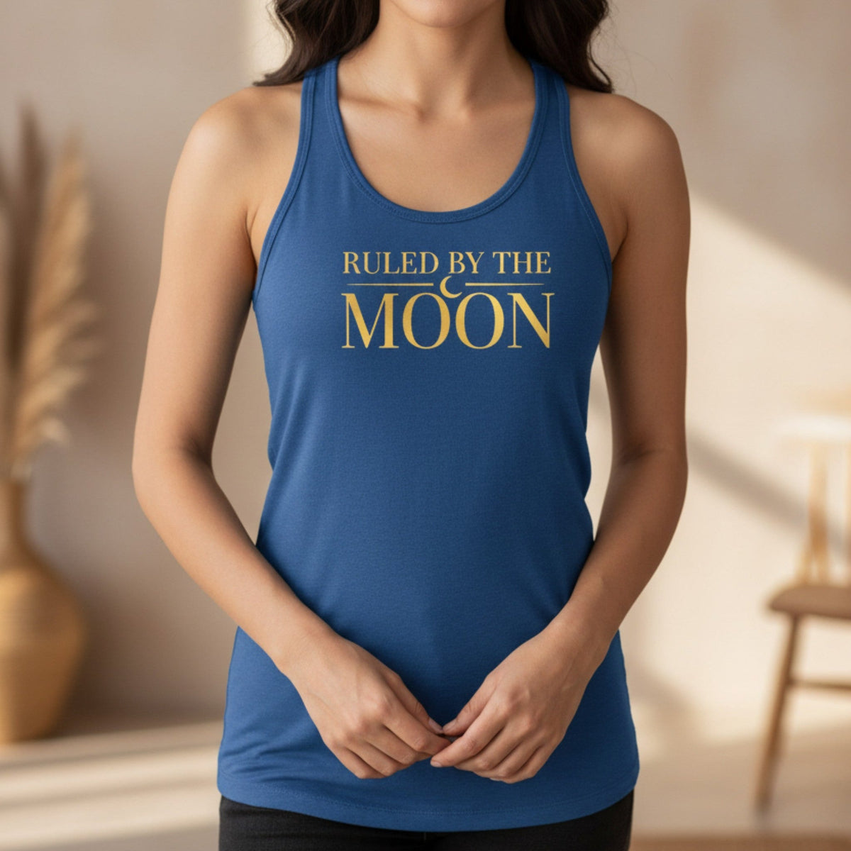 Ruled by the Moon racerback tank top in blue – lunar spiritual tank top, astrology lover gift