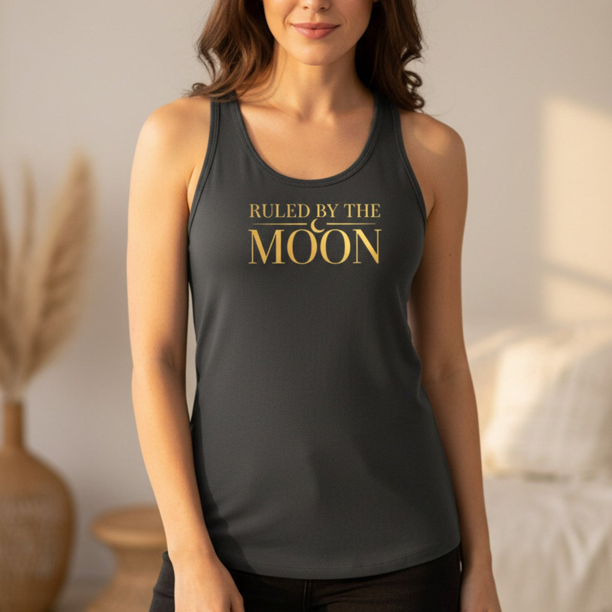 Ruled by the Moon racerback tank top in gray – celestial spiritual women's tank, moon lover gift