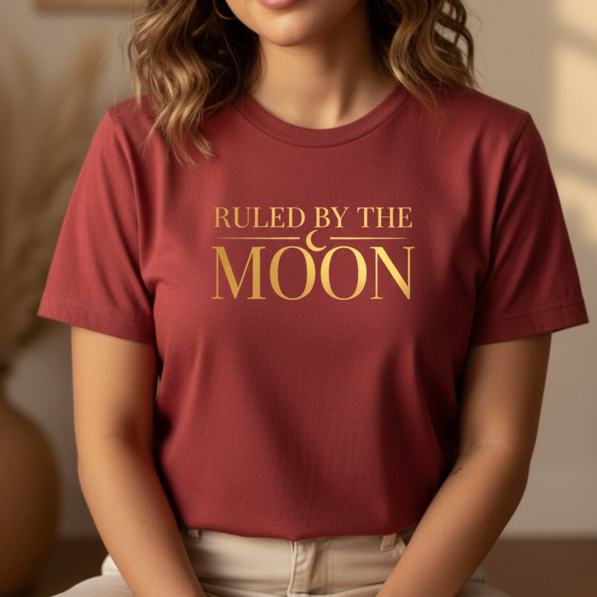 Ruled By The Moon T-Shirt in Cardinal Red – moon phase graphic tee, celestial spiritual gift for her
