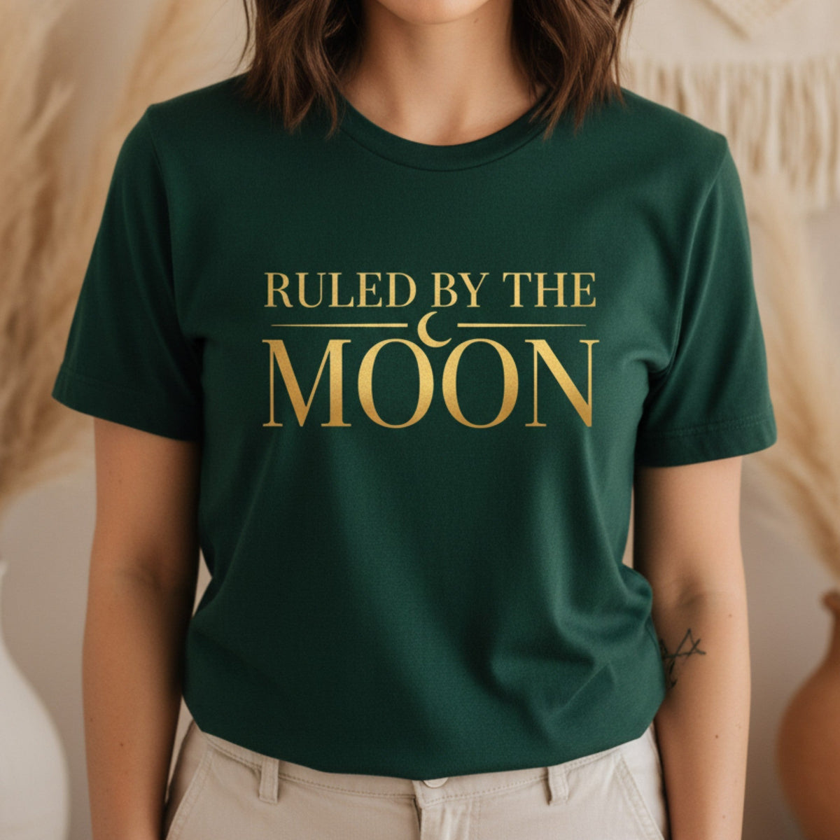Ruled By The Moon T-Shirt in Forest Green – celestial moon lover tee, spiritual gift for women