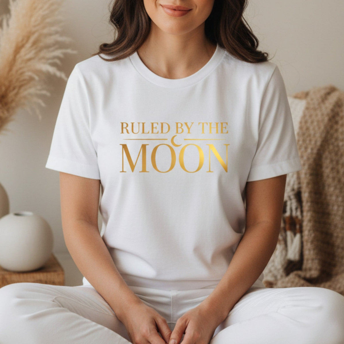 Ruled By The Moon T-Shirt in White – celestial moon tee for women, spiritual gift heat-pressed in Canada