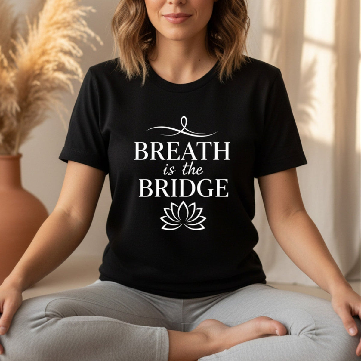 Breath Is The Bridge T-Shirt in Black – breath is the bridge yoga tee, mindfulness shirt for women