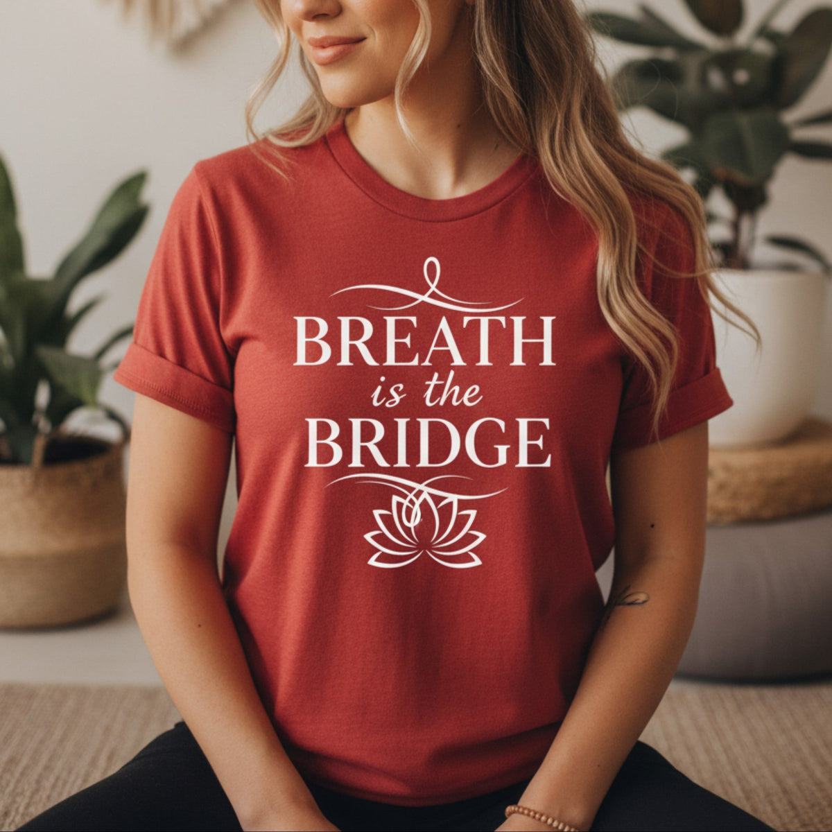 Breath Is The Bridge T-Shirt in Cardinal Red – yoga mindfulness graphic tee, spiritual gift for women
