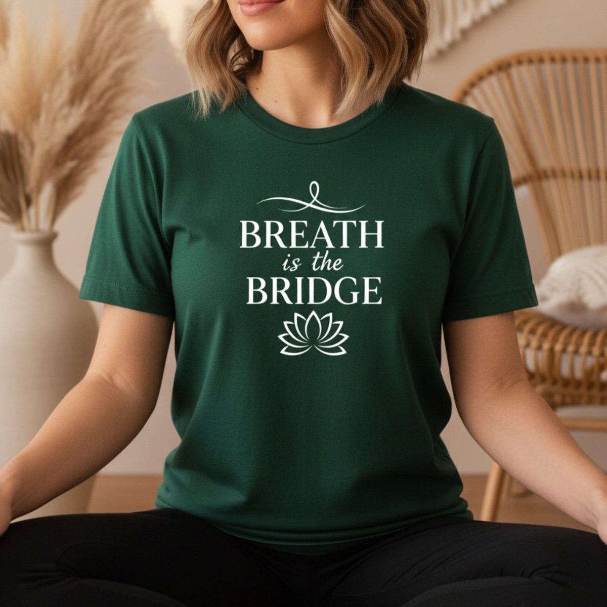 Breath Is The Bridge T-Shirt in Forest Green – mindfulness yoga tee for women, spiritual gift heat-pressed in Canada