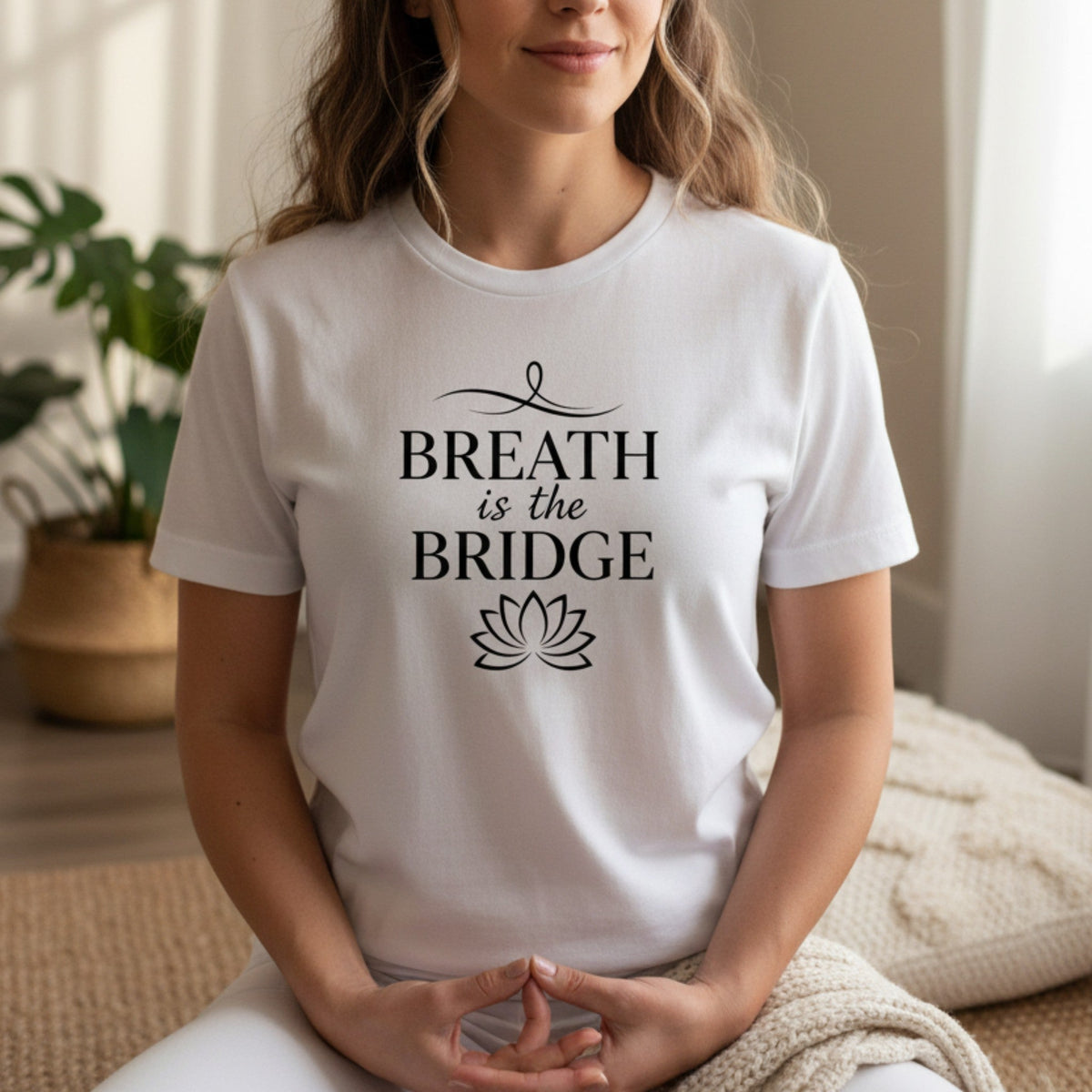 Breath Is The Bridge T-Shirt in White – mindfulness yoga graphic tee, spiritual gift for yogis heat-pressed in Canada