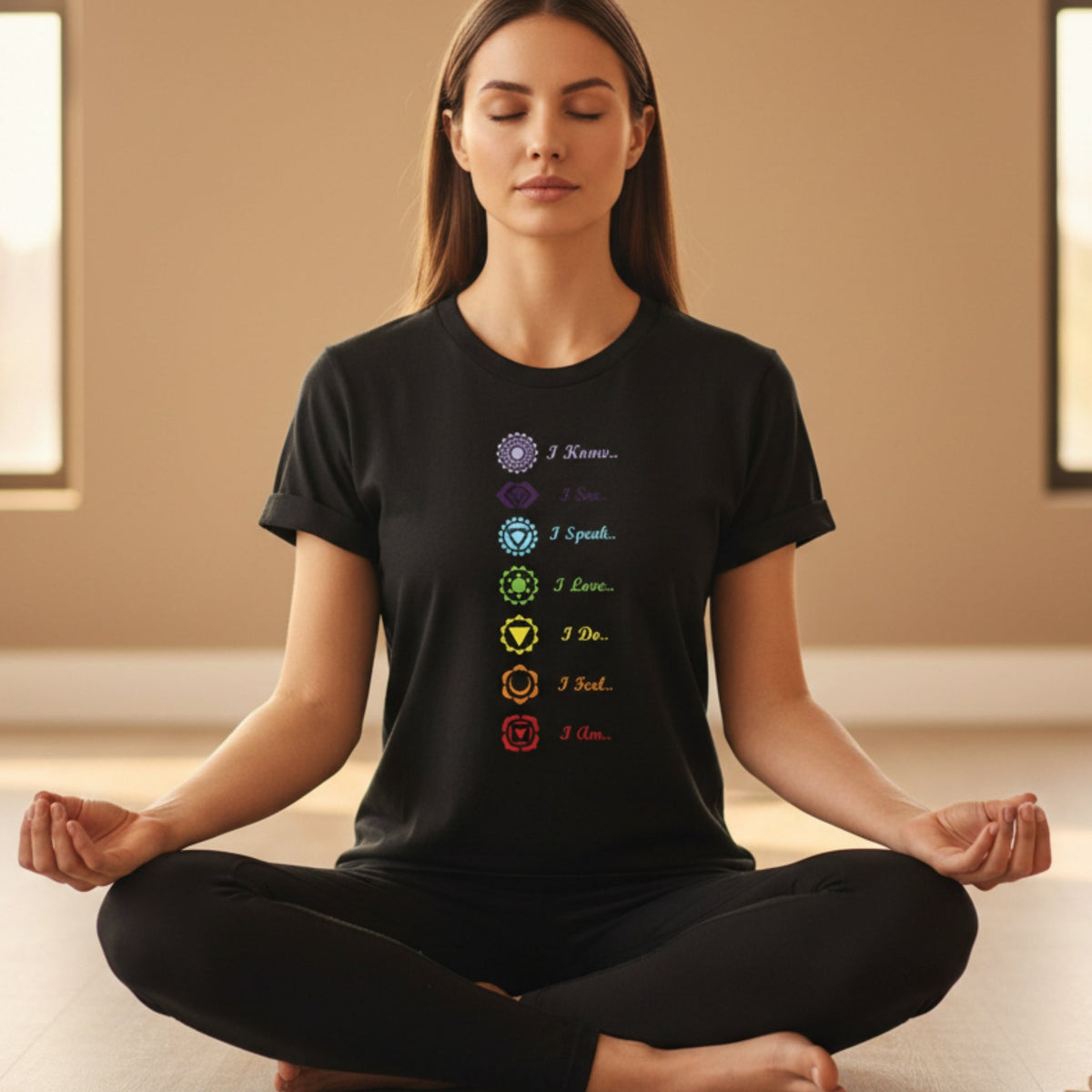 7 Chakra T-Shirt in black modeled on woman – 7 chakra symbols tee, spiritual gift for meditators and yogis