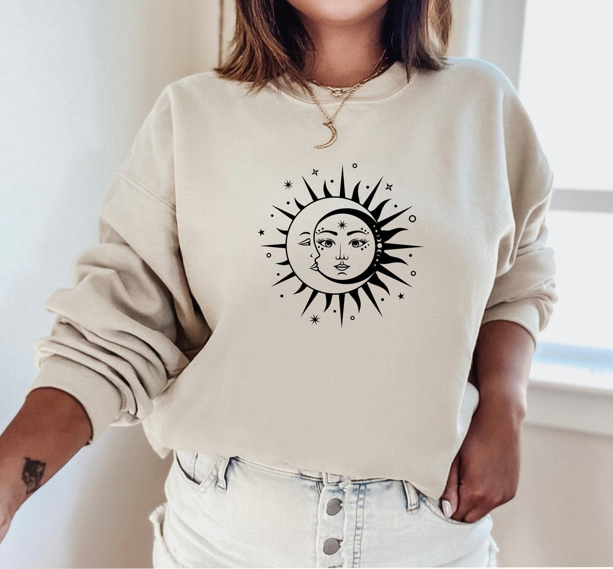 Sun and Moon Yin Yang Sweatshirt in Sand with black print – celestial balance crewneck, spiritual gift for women