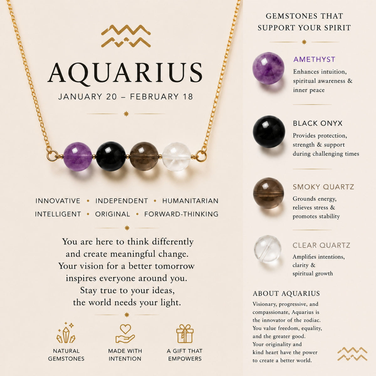 Aquarius zodiac crystal bar necklace amethyst black onyx smoky quartz