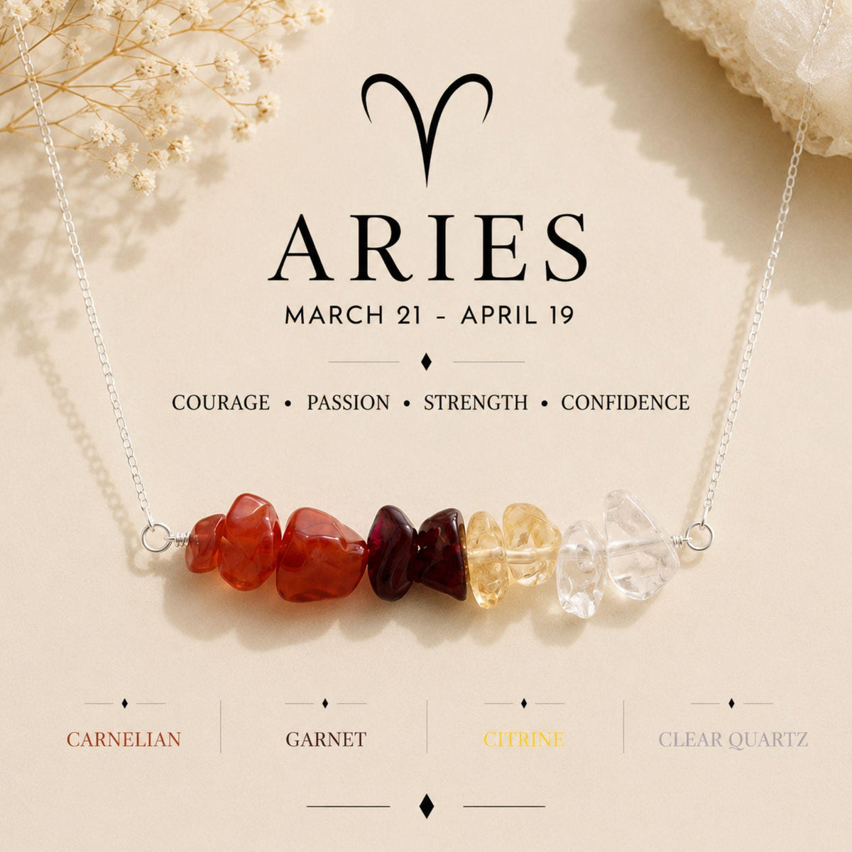 Aries gemstone chip necklace with Carnelian Garnet and Citrine 