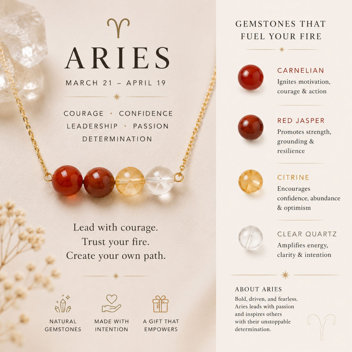 Aries zodiac crystal bar necklace carnelian red jasper citrine gemstone