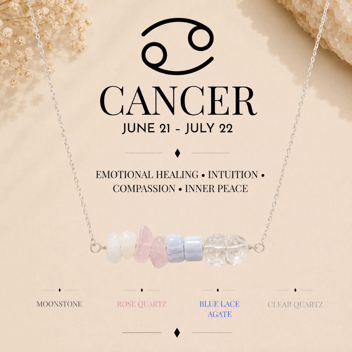 Cancer gemstone chip necklace with Moonstone Rose Quartz and Blue Lace Agate