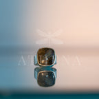 Close-up of blue flashes in the Passage labradorite ring