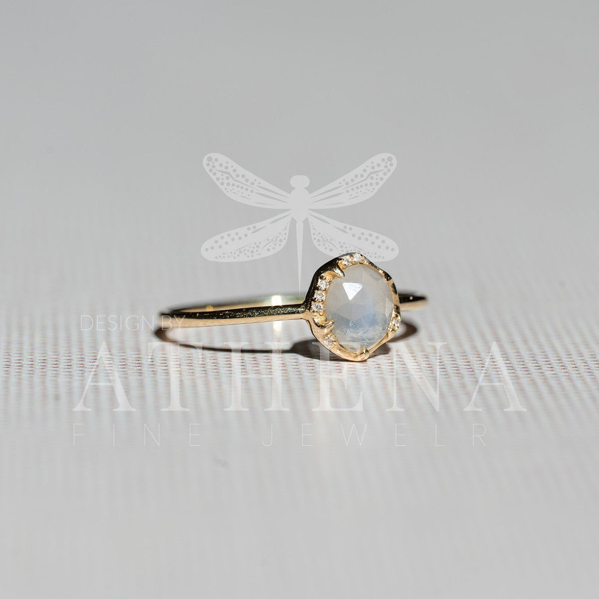 14K yellow gold moonstone ring with seven diamond accents