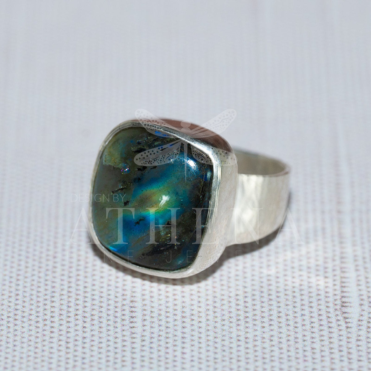 Square-cut labradorite ring in hammered sterling silver