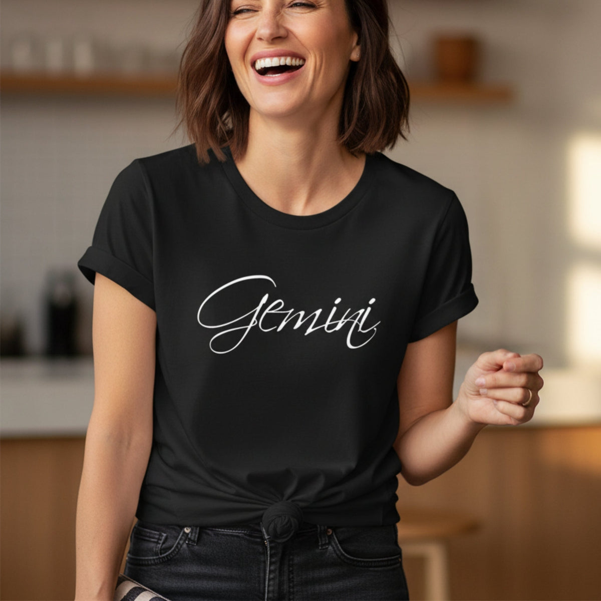 Gemini Zodiac T-Shirt in Black on model – Gemini zodiac graphic tee, astrology birthday gift for women
