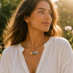 Gemini birthstone necklace with clear quartz blue lace agate and citrine gemstone bar