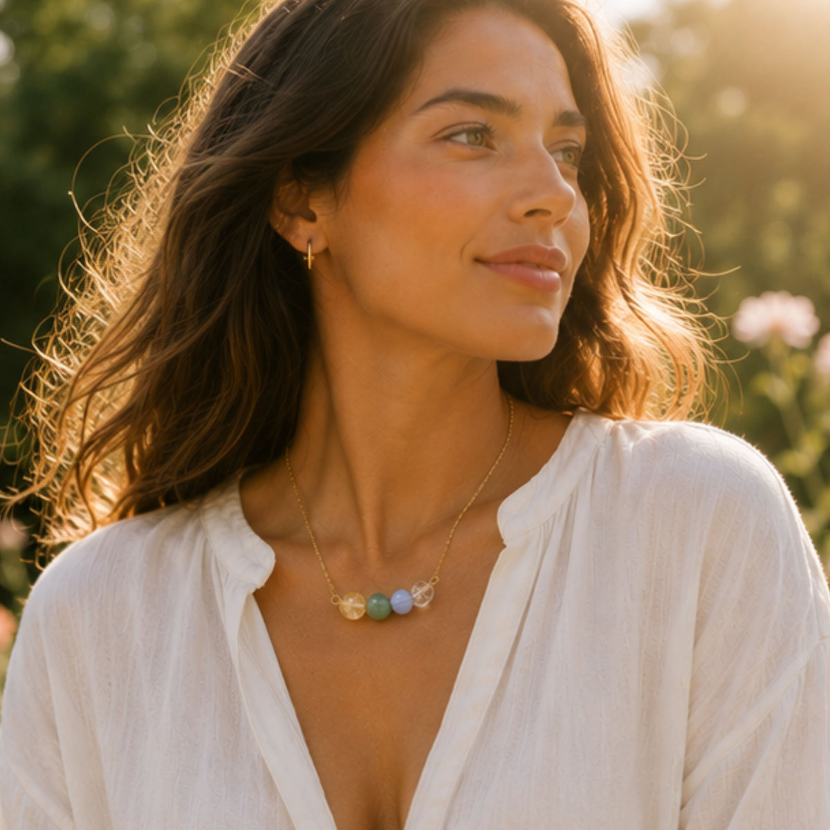 Gemini birthstone necklace with clear quartz blue lace agate and citrine gemstone bar
