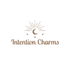 A centered brown logo on a white background featuring a crescent moon with radiating lines above the words 'Intention Charms'.