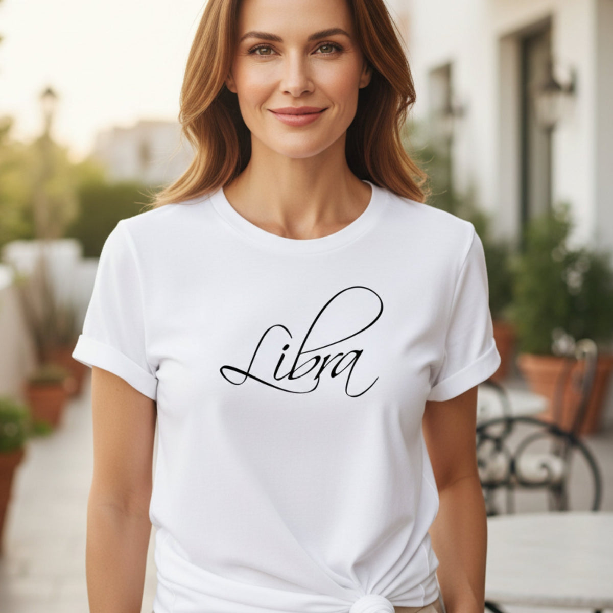 Libra Zodiac T-Shirt in White on model – Libra birthday shirt, zodiac astrology tee heat-pressed in Canada