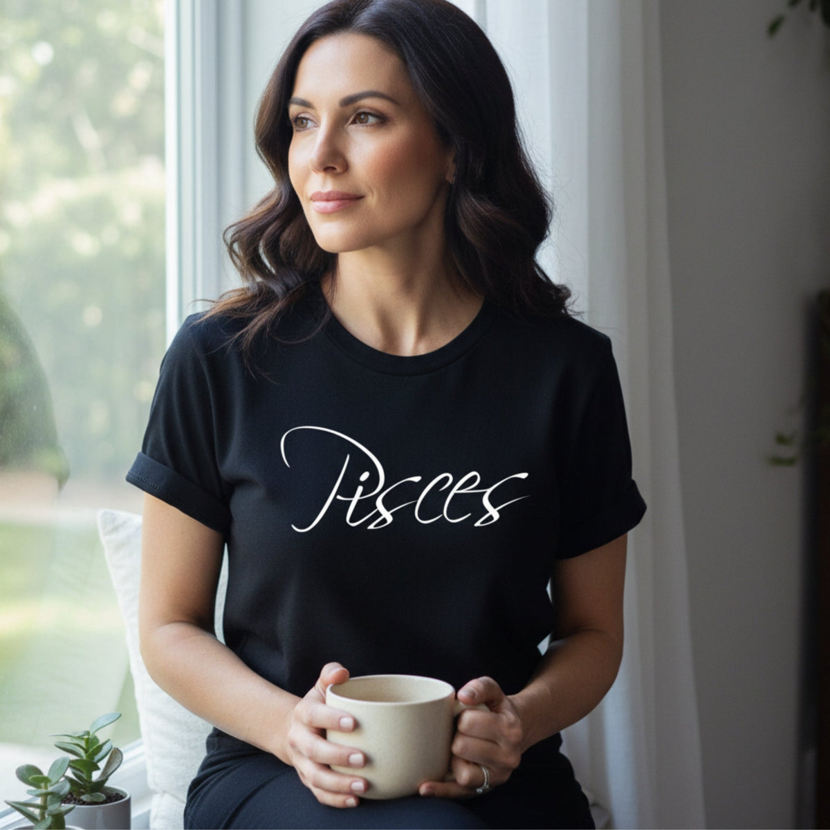 Pisces Zodiac T-Shirt in Black on model – Pisces zodiac graphic tee, spiritual birthday gift for Pisces women