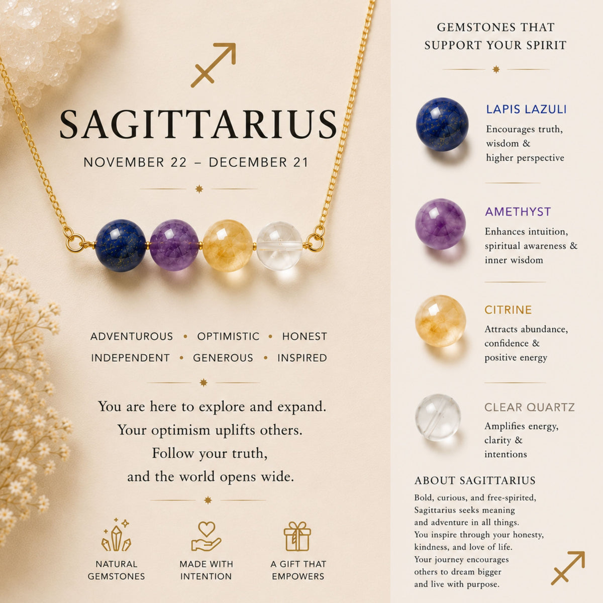Sagittarius zodiac crystal bar necklace lapis lazuli amethyst citrine