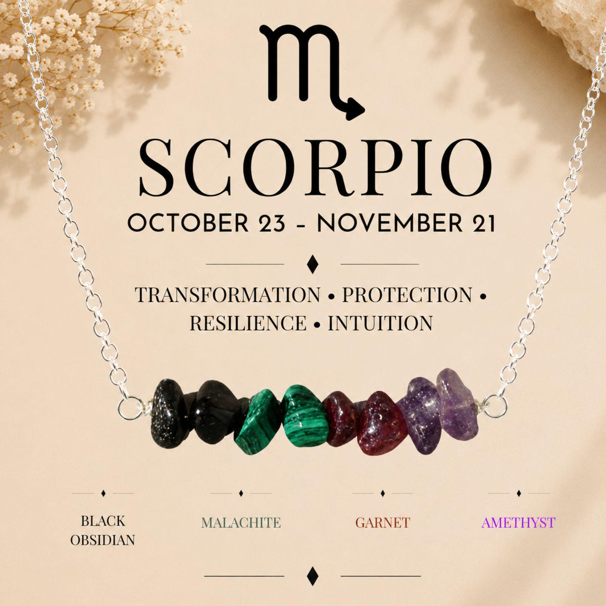Scorpio gemstone chip necklace with Black Obsidian Malachite Garnet and Amethyst 