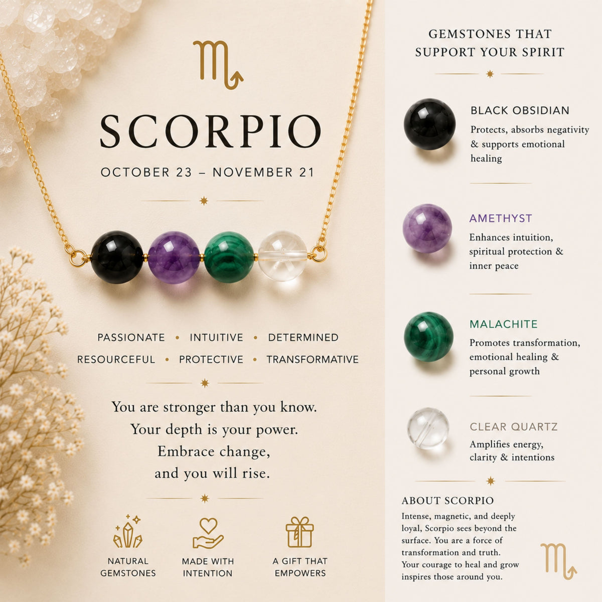 Scorpio crystal necklace with black obsidian amethyst and malachite gemstone bar