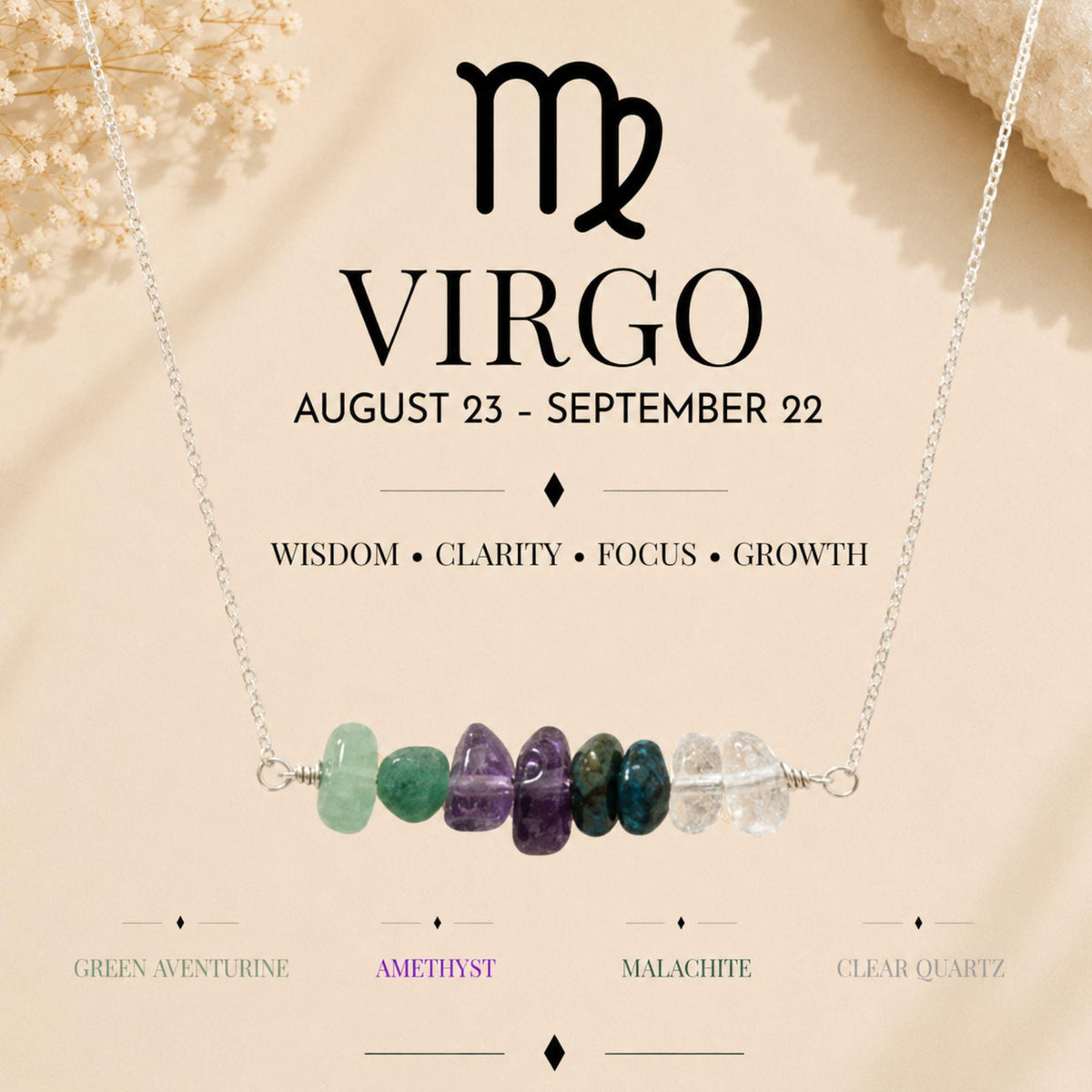 Virgo gemstone chip necklace with Green Aventurine Amethyst and Malachite 