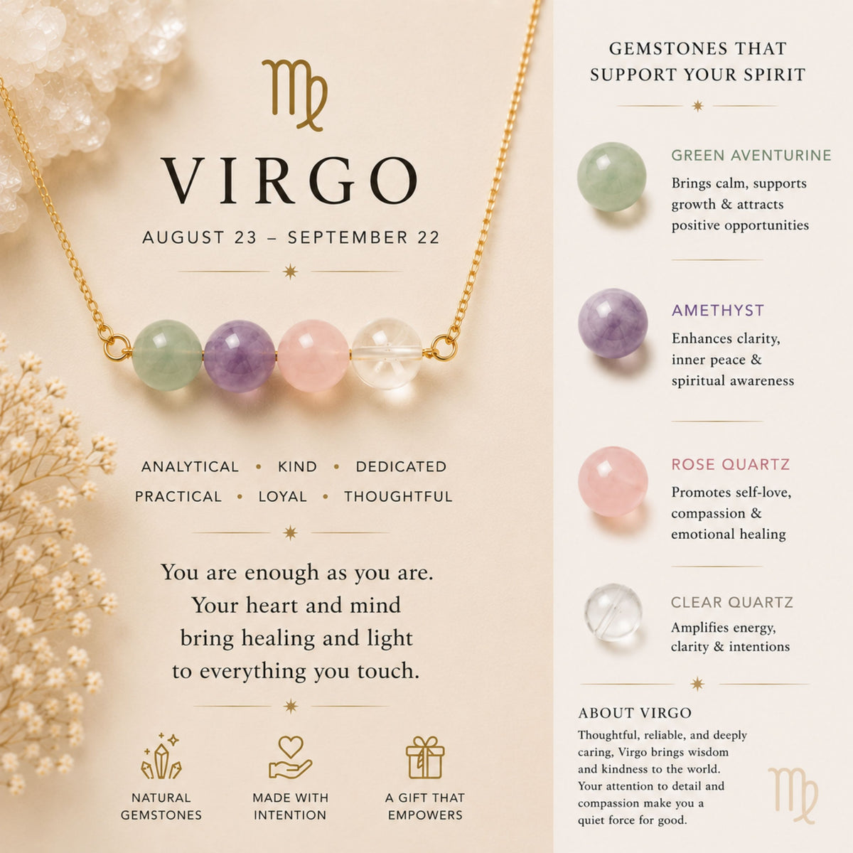 Virgo crystal necklace with green aventurine amethyst and rose quartz gemstone bar