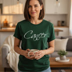 Cancer Zodiac T-Shirt in Forest Green on model – Cancer birthday gift tee, zodiac graphic shirt for women