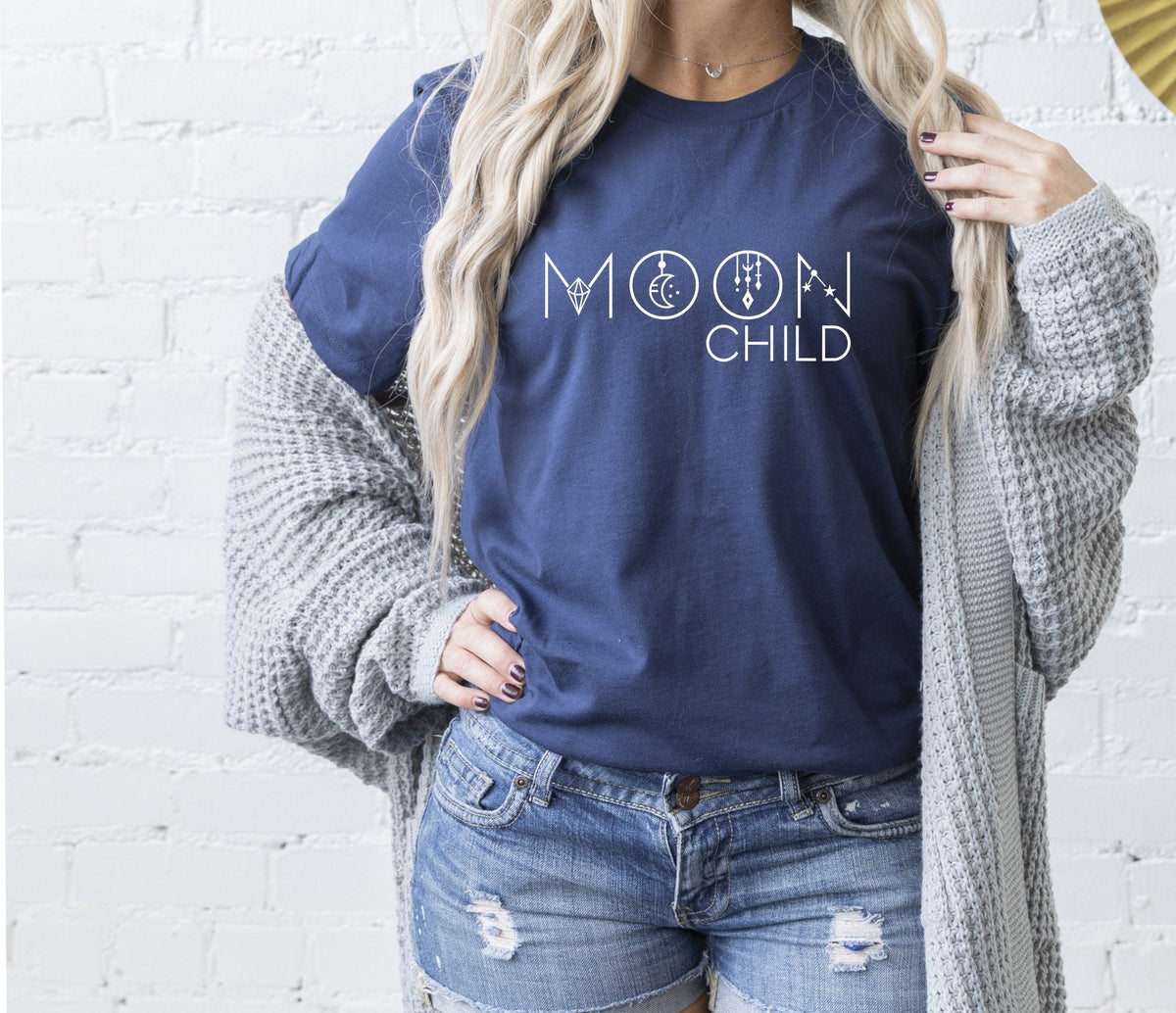 Moon Child T-Shirt in Navy – moon child graphic shirt, celestial spiritual tee for women