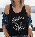 Stay Wild Moon Child racerback in black – witchy women's tank top, lunar spiritual shirt