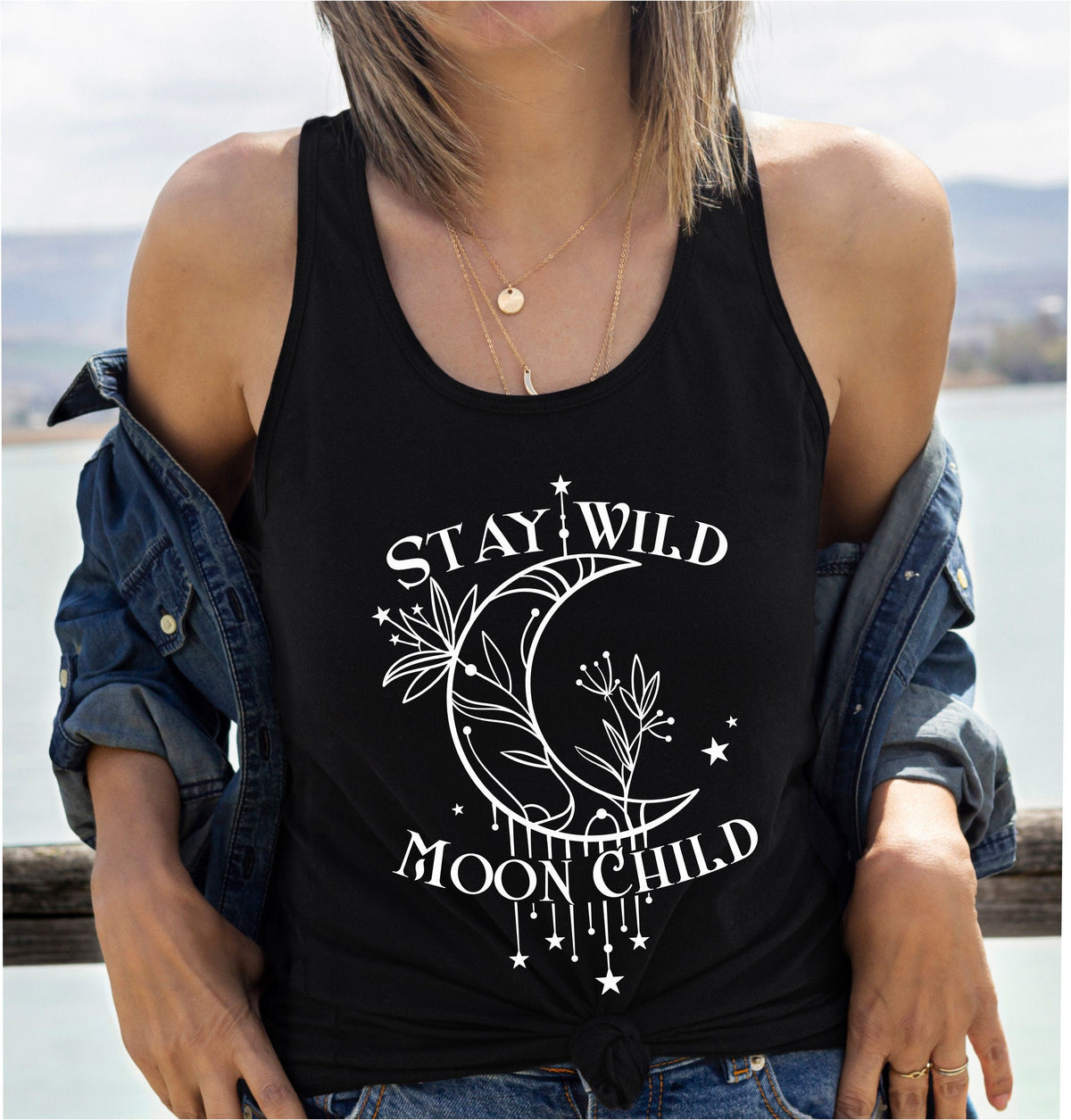 Stay Wild Moon Child racerback in black – witchy women's tank top, lunar spiritual shirt