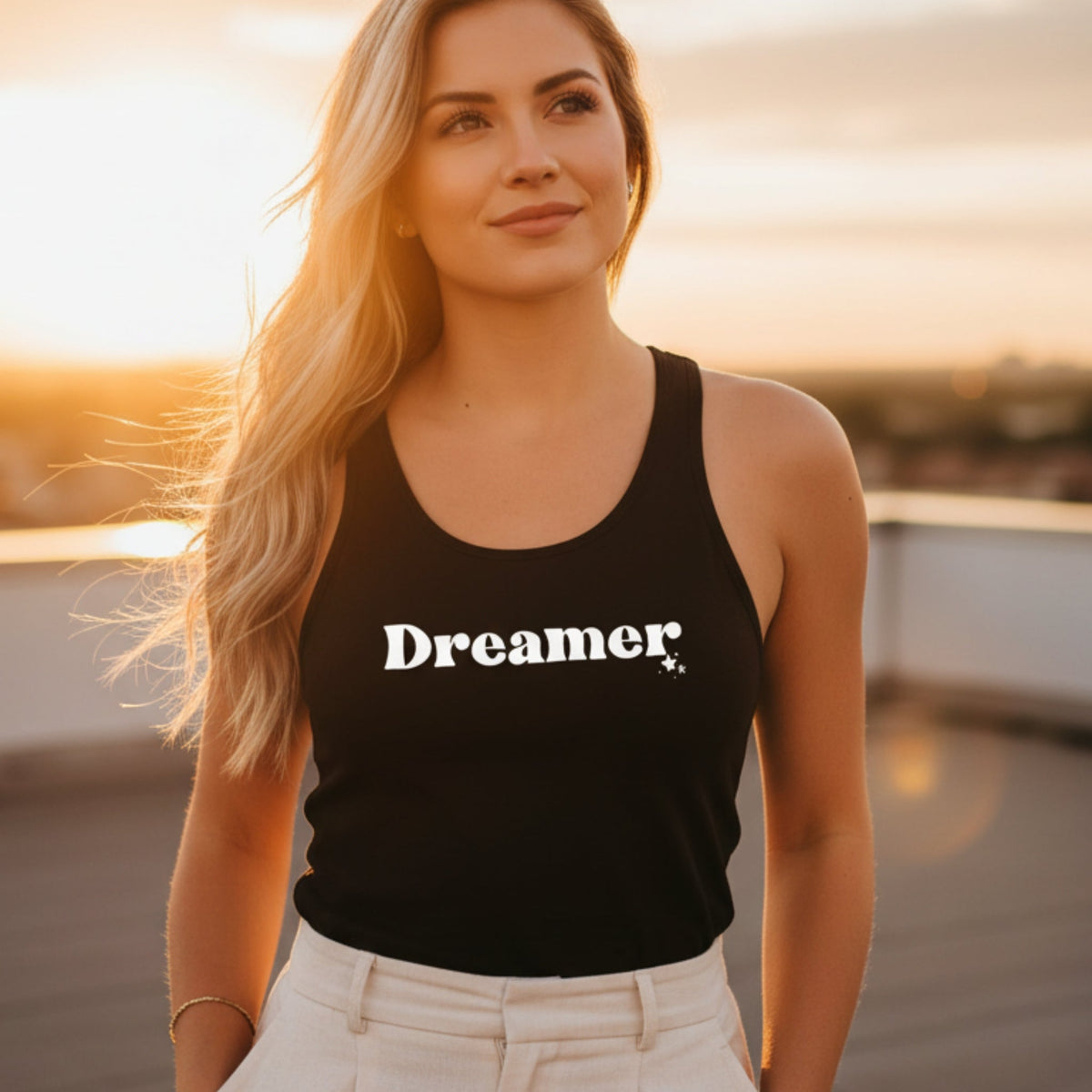 Dreamer racerback tank top in black – women's spiritual apparel, inspirational yoga tank