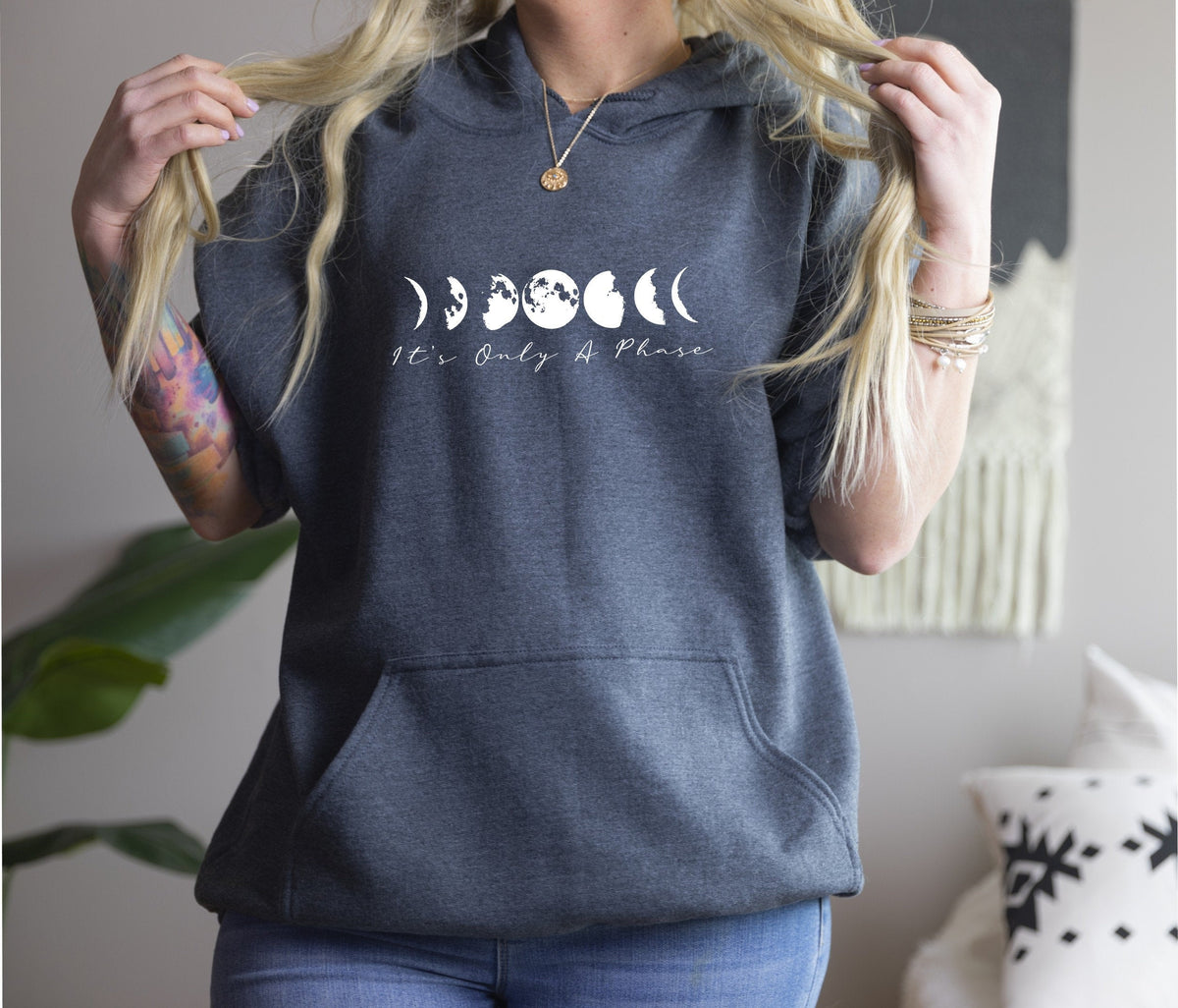 It's only a phase moon phases hoodie – cozy spiritual gift, front detail