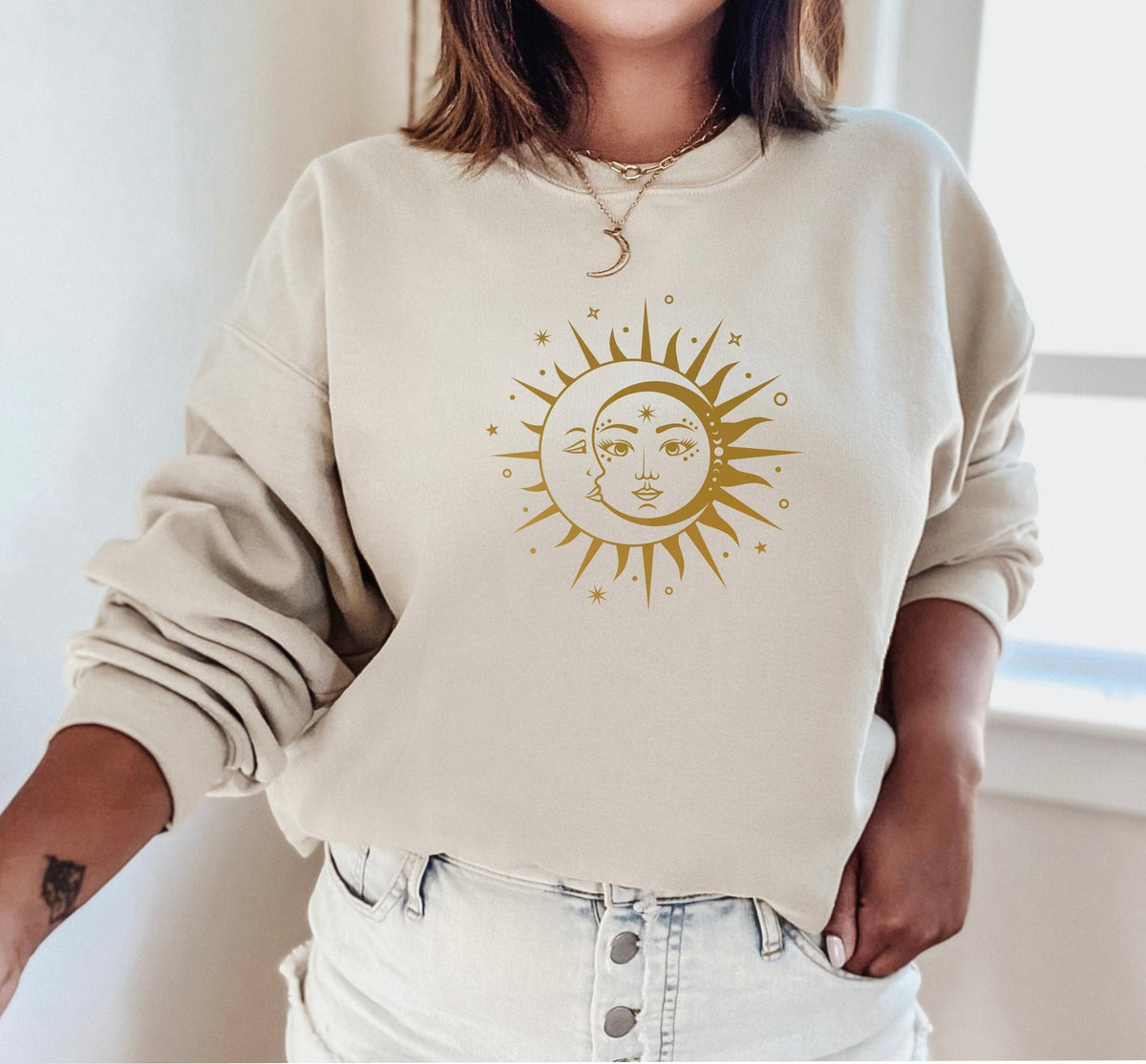 Sun and Moon Yin Yang Sweatshirt in Sand with gold print – celestial balance crewneck, spiritual gift for women