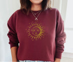 Sun and Moon Yin Yang Sweatshirt in Maroon with gold print – yin yang spiritual sweatshirt, celestial women's crewneck