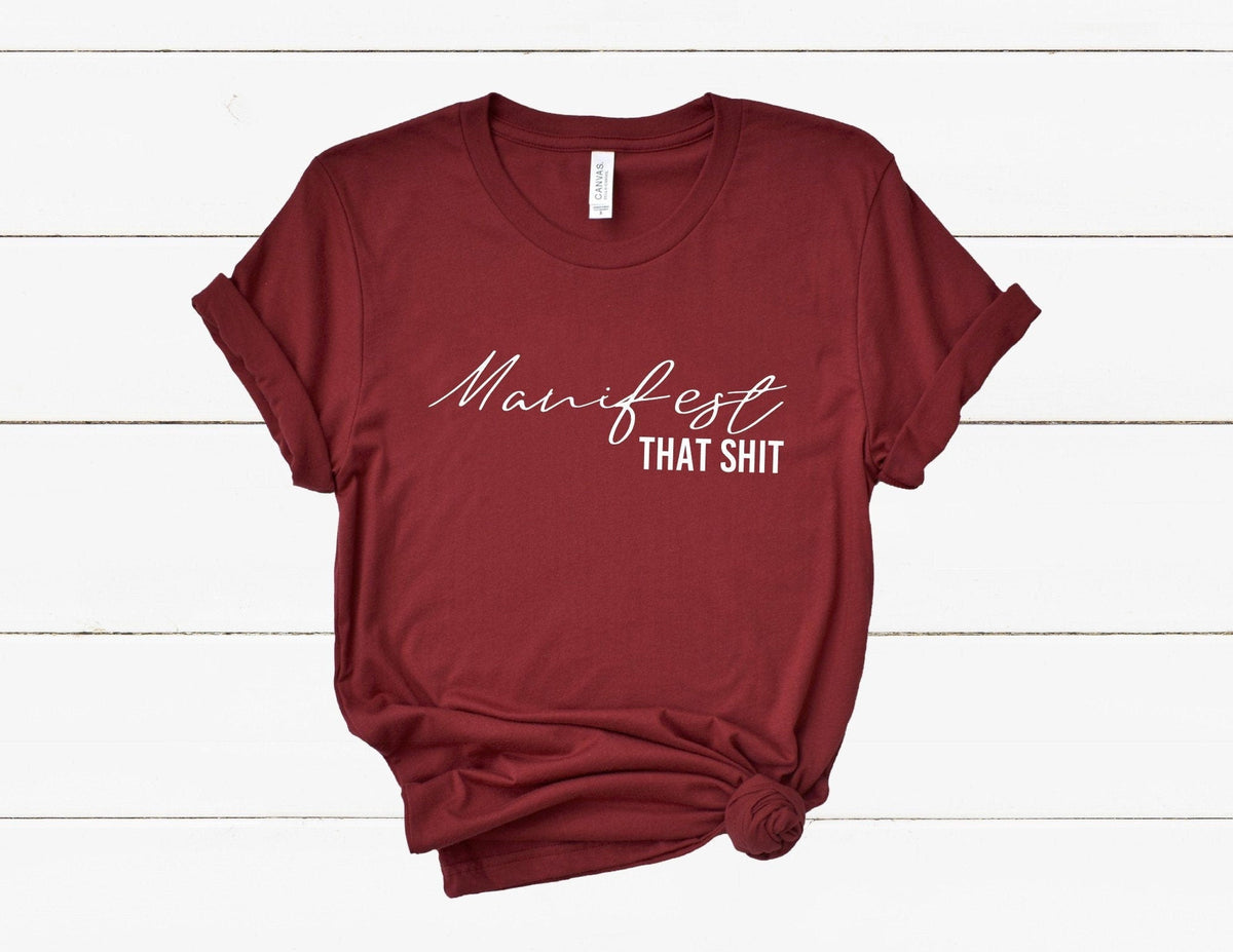 Manifest That Shit T-Shirt in Cardinal Red – manifestation tee for women, spiritual gift for her