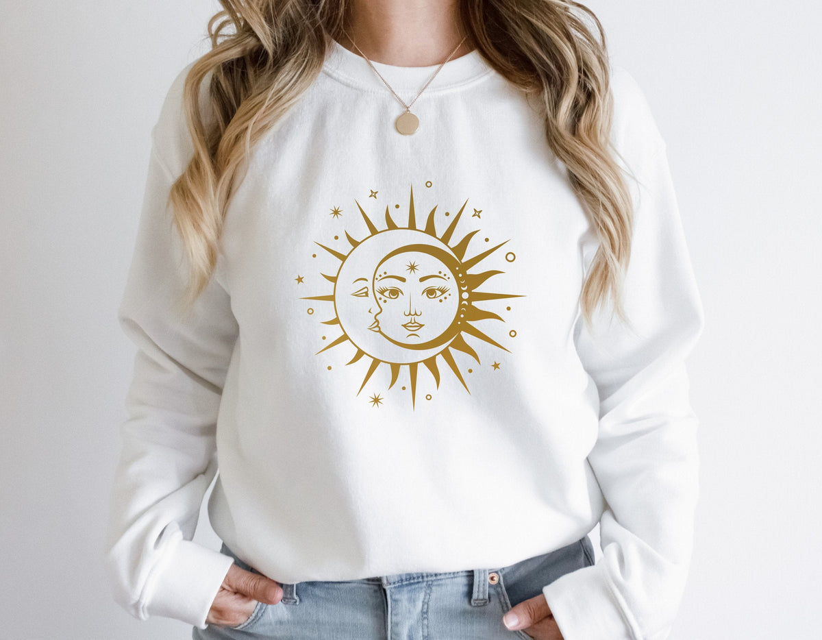 Sun and Moon Yin Yang Sweatshirt in White with gold print – sun and moon crewneck sweatshirt, spiritual celestial apparel