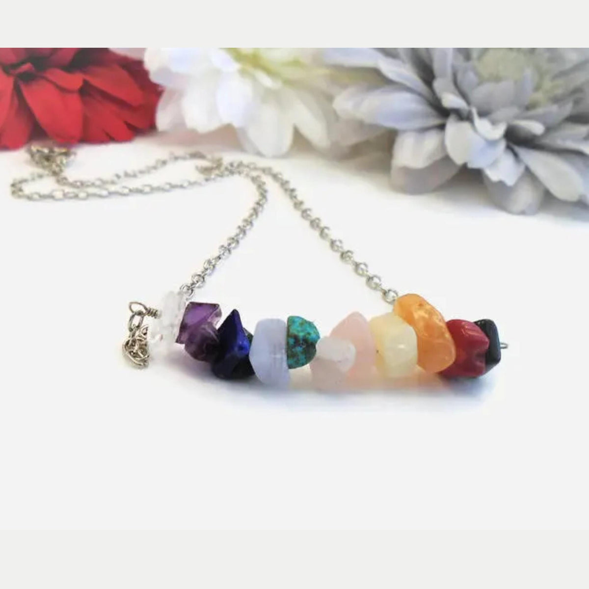  Chakra bar pendant necklace rose gold fill silver plated raw chip gemstone spiritual gift