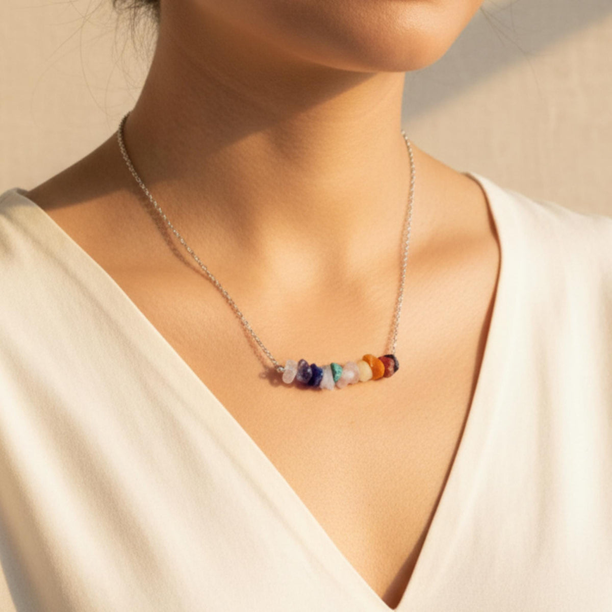 Seven chakra crystal necklace amethyst lapis lazuli rose quartz spiritual balance jewelry