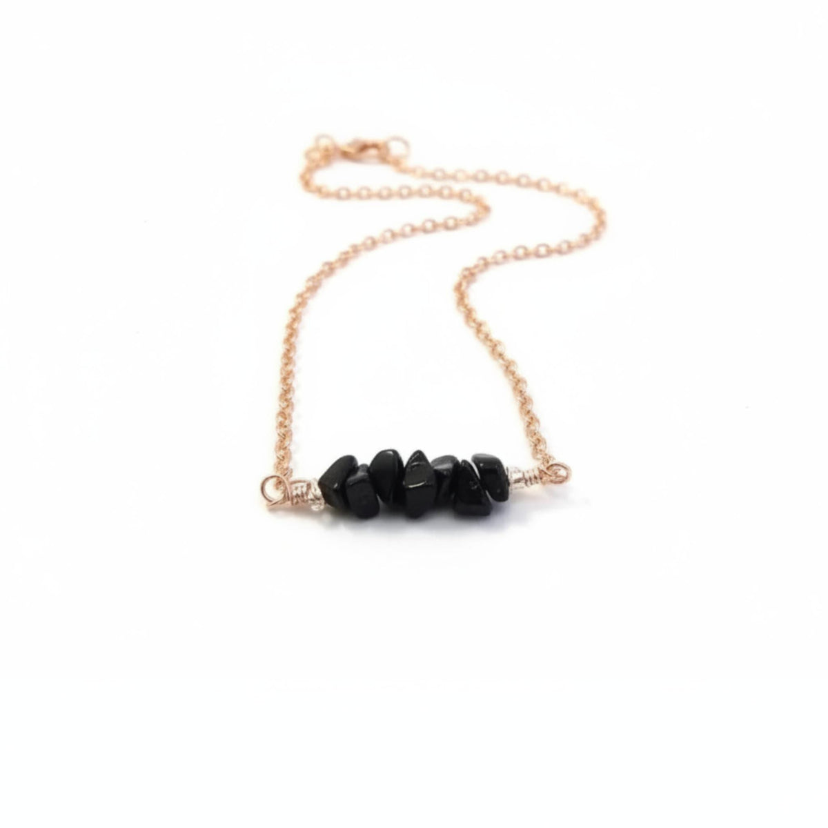 Healing crystal necklace for protection raw black obsidian volcanic glass rose gold silver