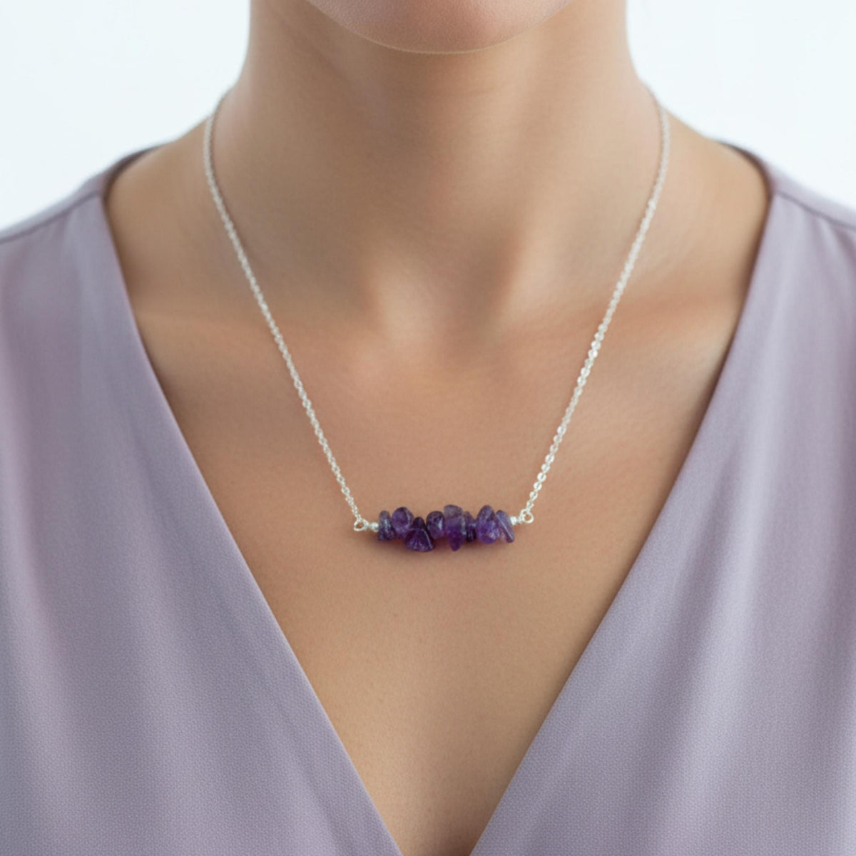 Raw amethyst crystal bar necklace February birthstone gift for calm intuition and spiritual growth